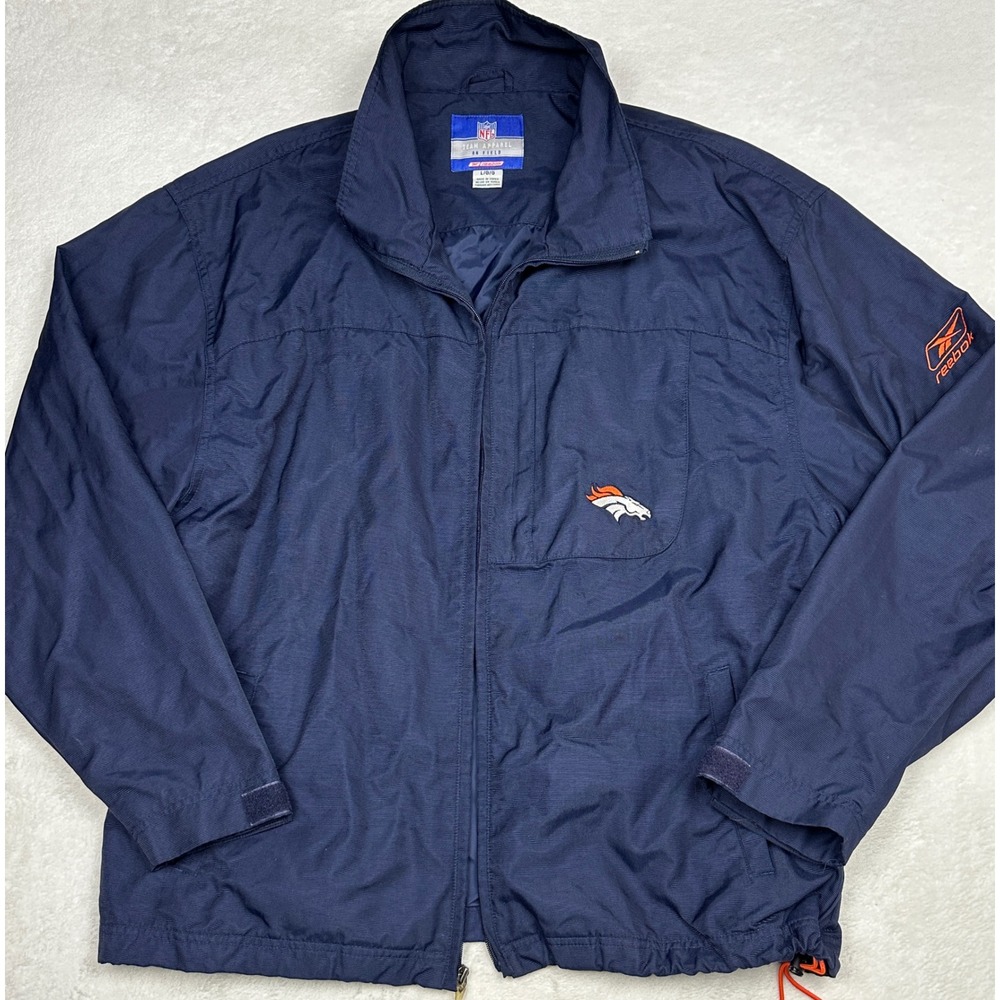 Reebok Denver Broncos NFL Windbreaker Jacket Mens Large Navy Blue Full Zip Coach